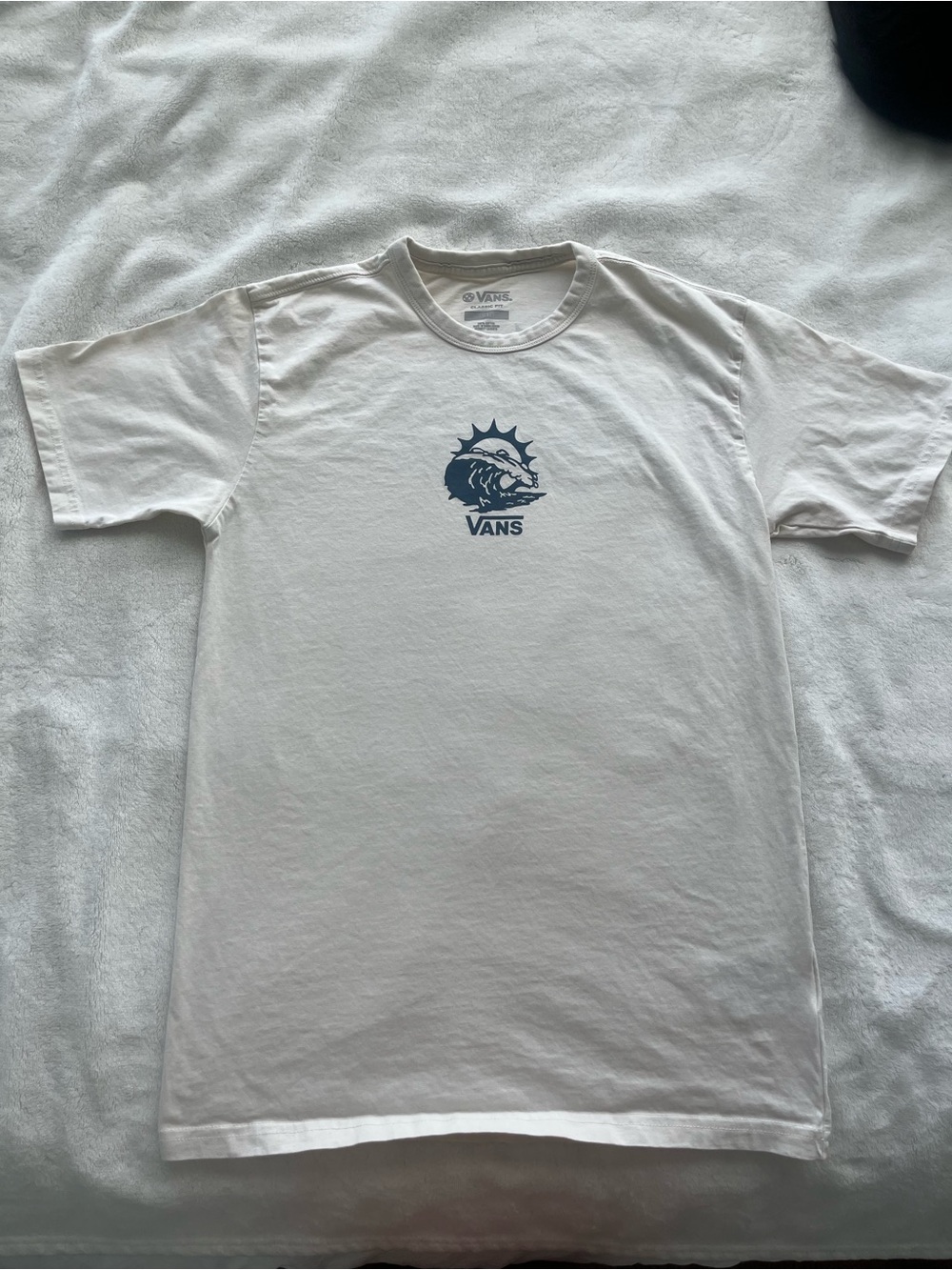 Vans Cream Tee with Navy Wave Crest Logo on the front and on the back